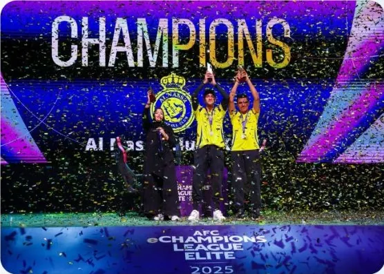 Champions lifting the trophy under confetti at the AFC eChampions League Elite