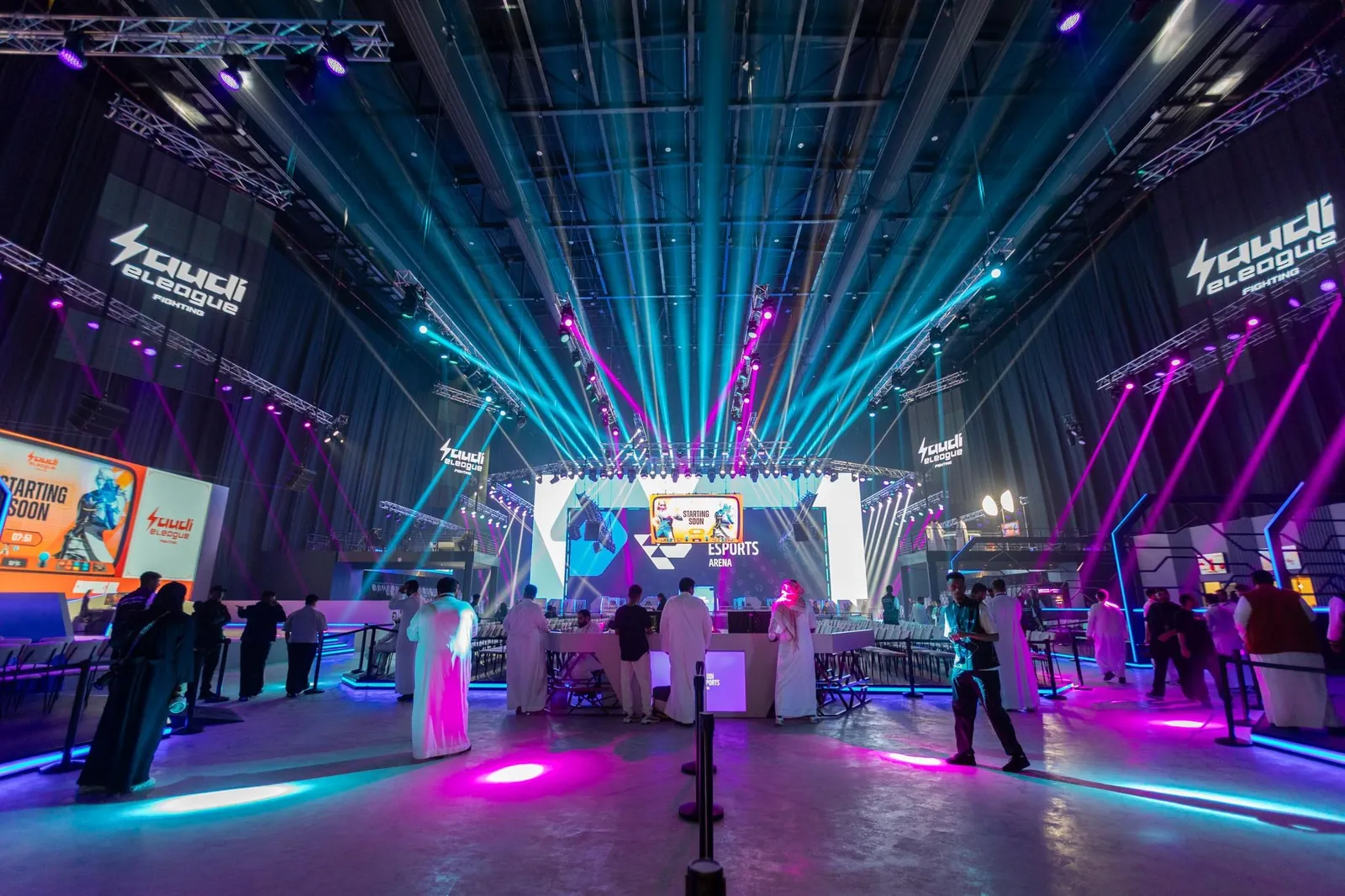 Light beams sweeping the Saudi eLeague arena floor